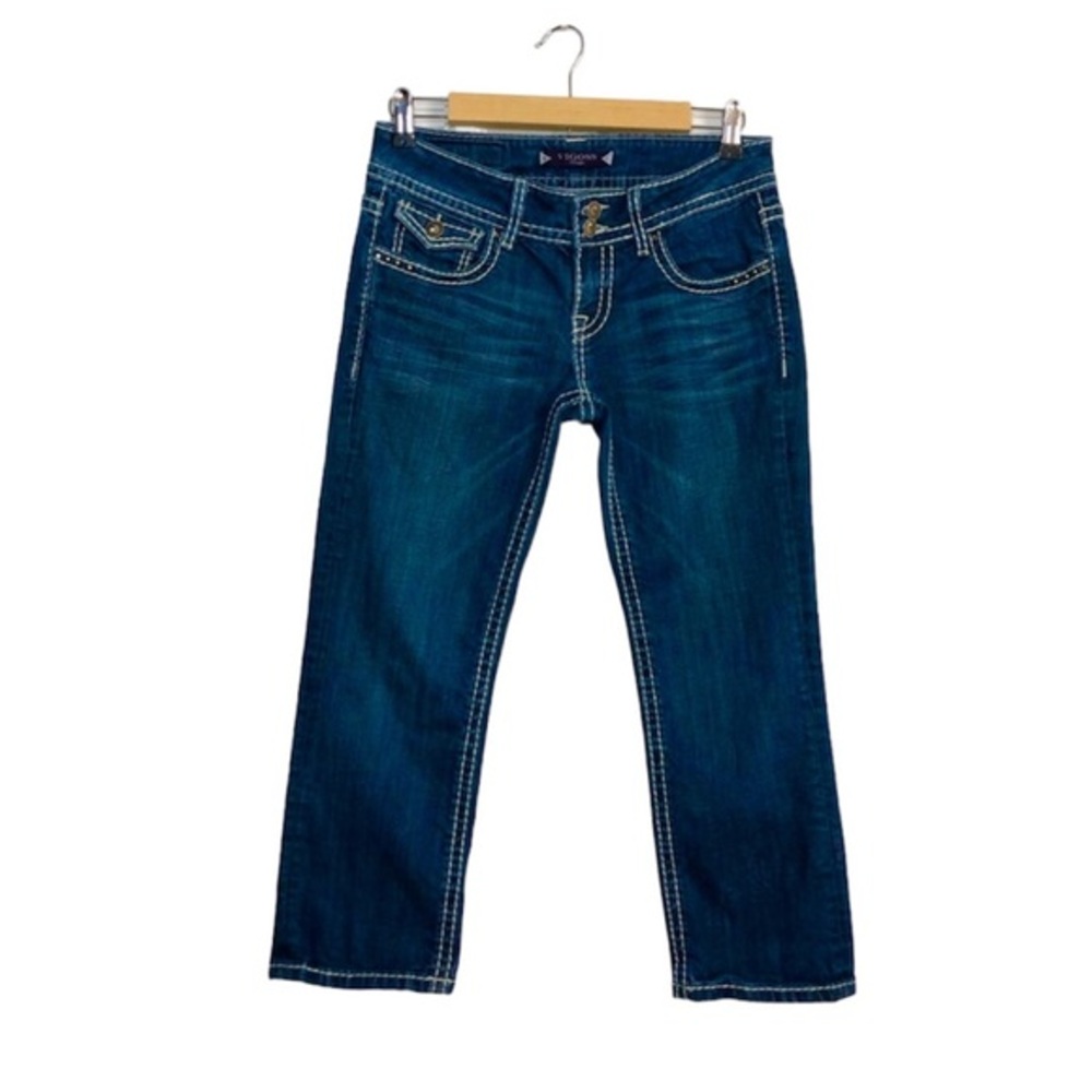 Vigoss Tick Stitch Ring-stone button flap embellished back Pocket Capri Jeans 28